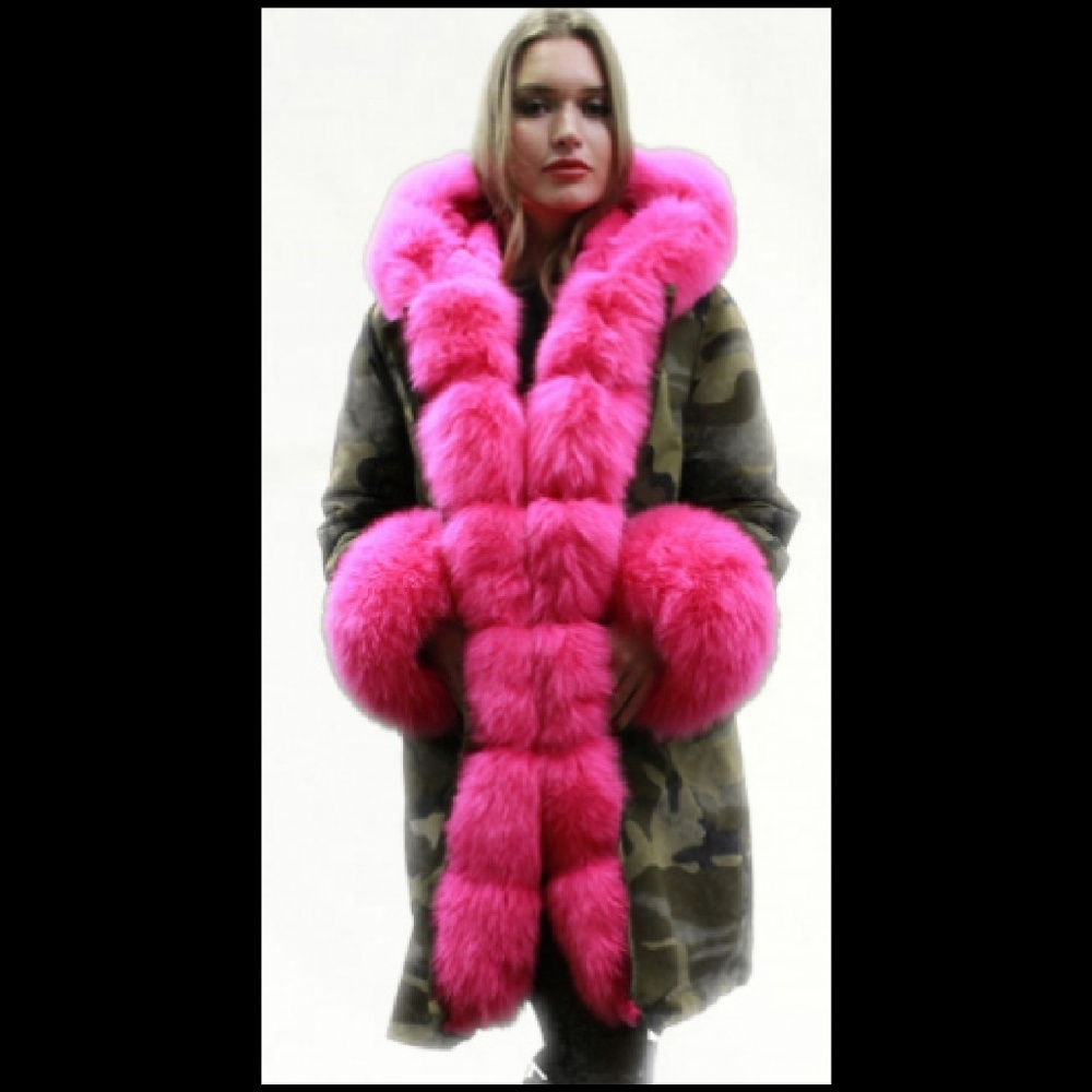 Sold Green Camouflage Pink Fox Fur Trim